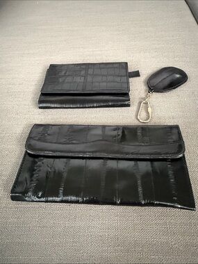 Vintage Eelegance Genuine Black Eel Skin 3-Piece Matching Wallet Keychain Set